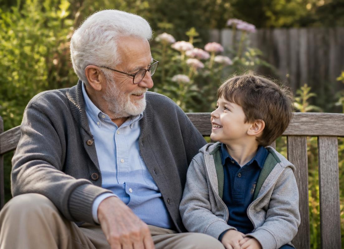 A grandfather and grandson sitting together on a garden bench